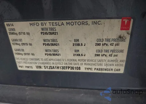 2014 Tesla Model S P85 из США, поврежденный, VIN 5YJSA1H13EFP36108